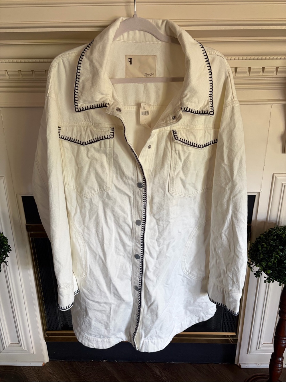 Anthropologie White Button-Front Jacket with Black Trim